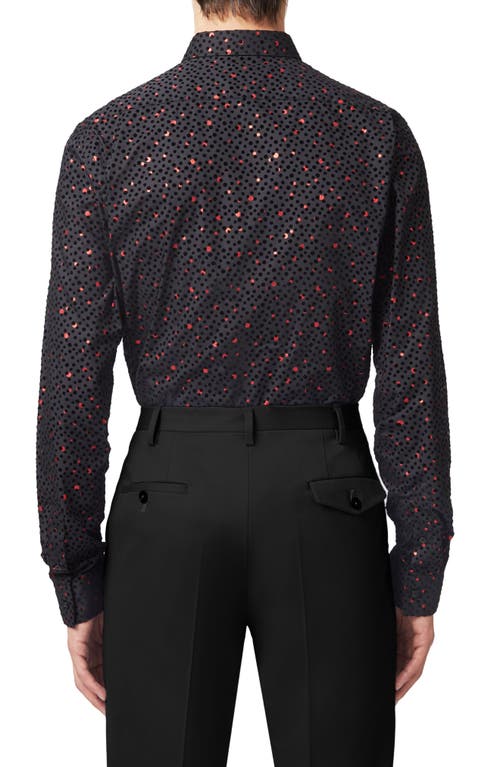 Shop Twisted Tailor Sagrada Metallic Foil Flocked Dot Slim Fit Cotton Button-up Shirt In Black Red