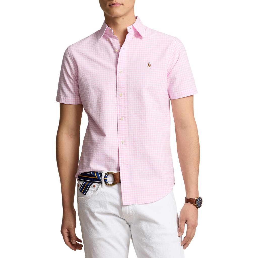 Polo Ralph Lauren Check Cotton Short Sleeve Button-down Shirt In Pink/white