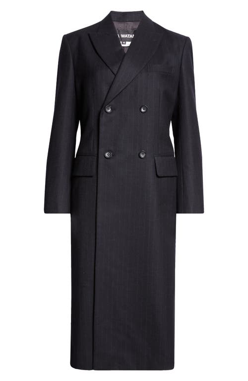 Shop Junya Watanabe Pinstripe Double Breasted Wool Coat In Black/gray