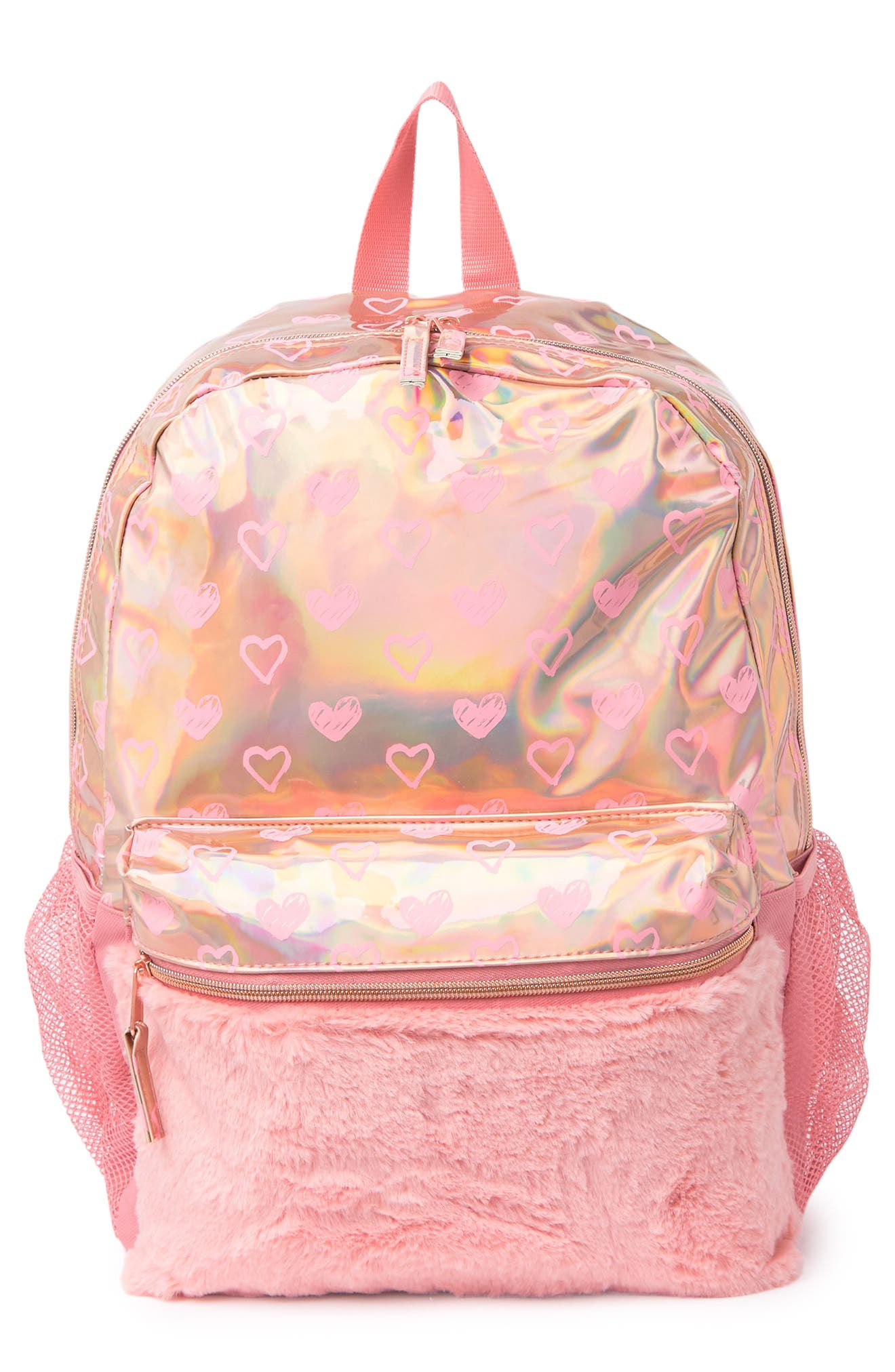 A D Sutton & Sons Kids' A D Sutton And Sons Faux Fur Trim Hologram Heart Print Backpack In Pink