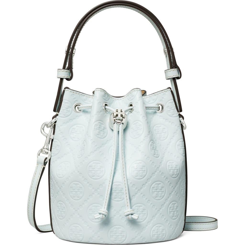 Tory Burch Mini T Monogram Debossed Bucket Bag In Ice Blue