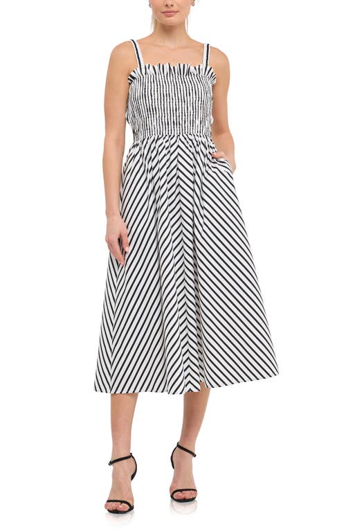 English Factory Stripe Smocked Midi Sundress in White/Black at Nordstrom, Size X-Small