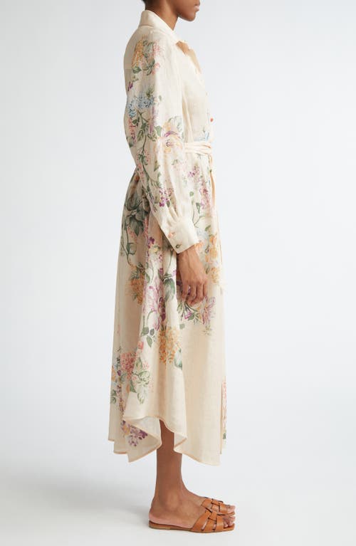 Shop Zimmermann Halliday Floral Long Sleeve Linen Shirtdress In Cream Watercolour Floral