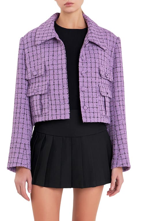 Windowpane Check Tweed Crop Blazer in Purple