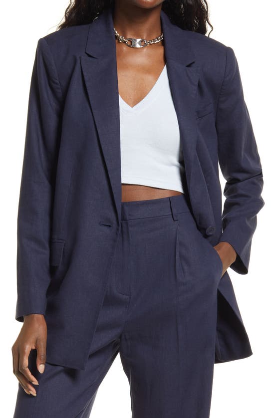 Open Edit Oversize Linen Blend Blazer In Navy Blazer