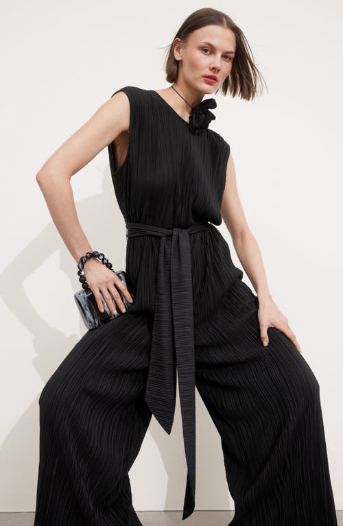 Shop & Other Stories Plissé Sleeveless Wide Leg Jumpsuit In Black Dark