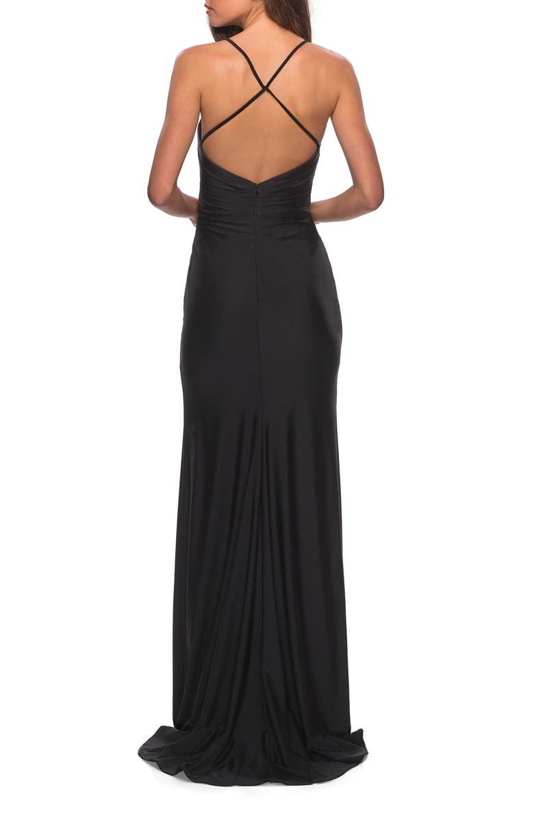 La Femme Cross Back Satin Jersey Trumpet Gown | Nordstrom