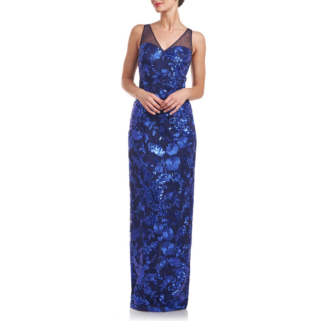 Js Collections Baylor Embroidered Sequin Sleeveless Gown In Navy/royal Blue