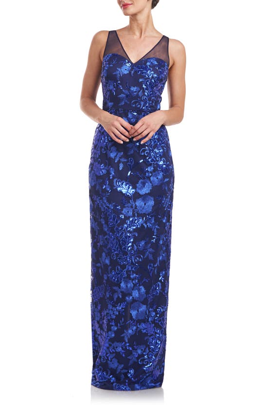 Shop Js Collections Baylor Embroidered Sequin Sleeveless Gown In Navy/ Royal Blue
