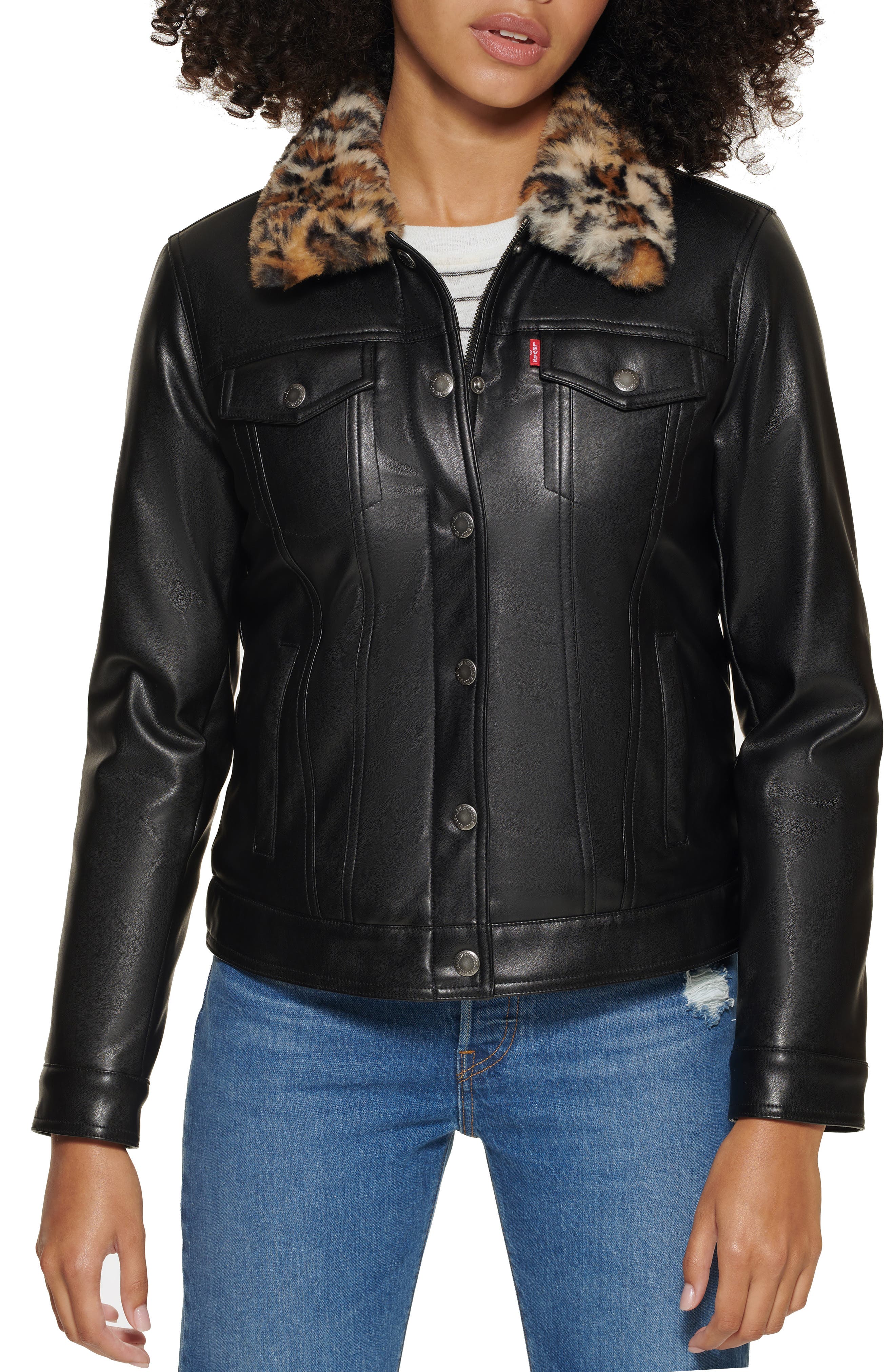 levi's Faux Fur Collar Faux Leather Trucker Jacket | Smart Closet
