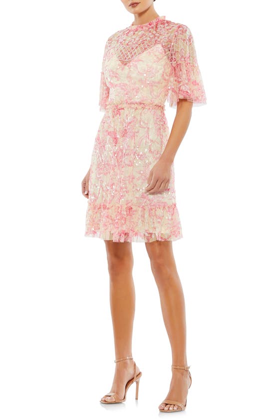 Shop Mac Duggal Sequin Floral Flounce Sleeve Cocktail Dress In Blush Multi