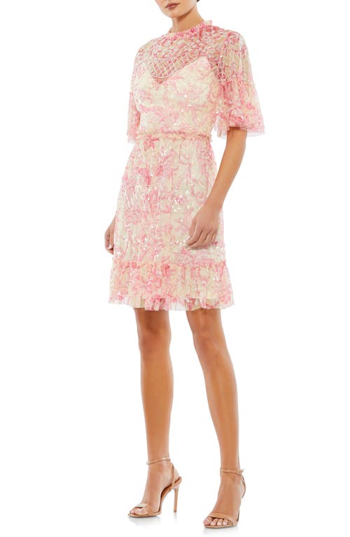 Mac Duggal Sequin Floral Flounce Sleeve Cocktail Dress Blush Multi at Nordstrom,