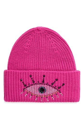 Kurt Geiger London Embellished Evil Eye Beanie In Fuchsia