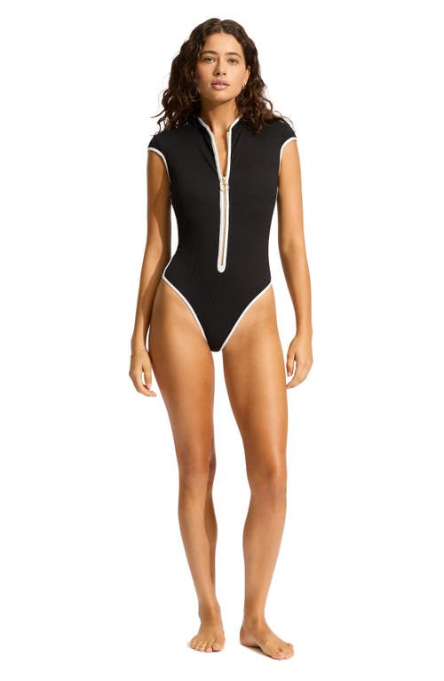 Shop Seafolly Cap Sleeve Colorblock Zip-up One-piece Swimsuit In Black