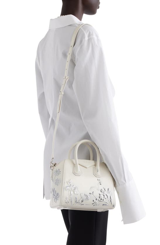 Shop Givenchy Mini Antigona Flower Leather Handbag In Ivory