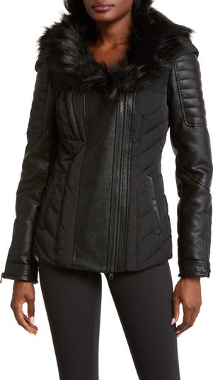 Blanc noir quilted down jacket discount short with fur removable hoodie