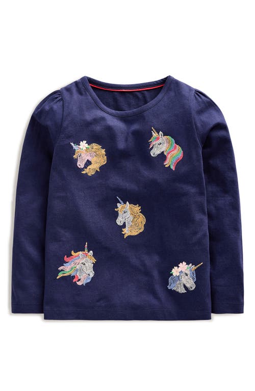 Mini Boden Kids' Unicorn Embroidered Long Sleeve Cotton Graphic T-Shirt in Starboard Blue Unicorns