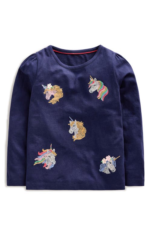 Shop Mini Boden Kids' Unicorn Embroidered Long Sleeve Cotton Graphic T-shirt In Starboard Blue Unicorns