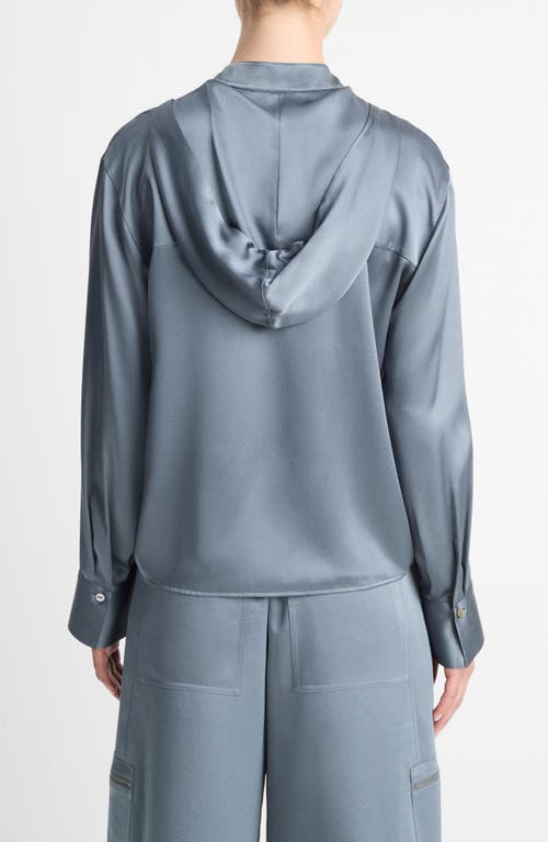 Shop Vince Hooded Silk Button-up Shirt In Lake Stone