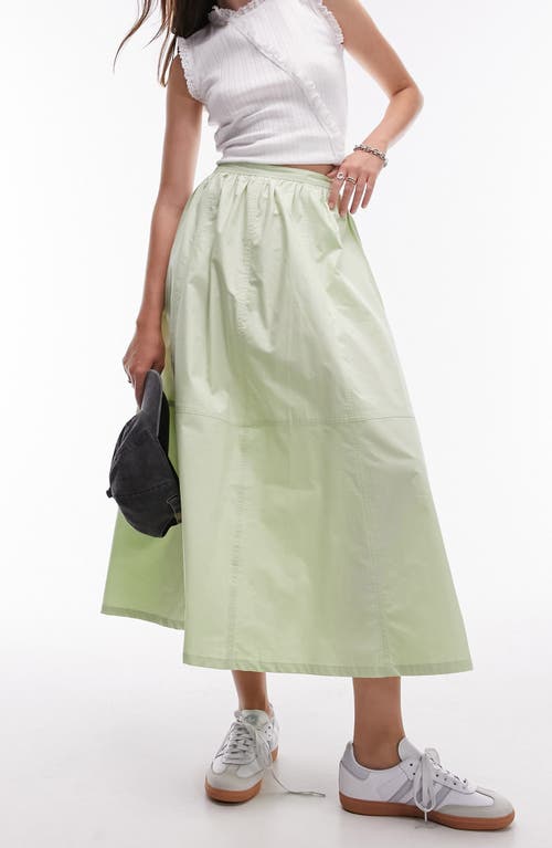 Shop Topshop Cotton Poplin Midi Skirt In Light Green