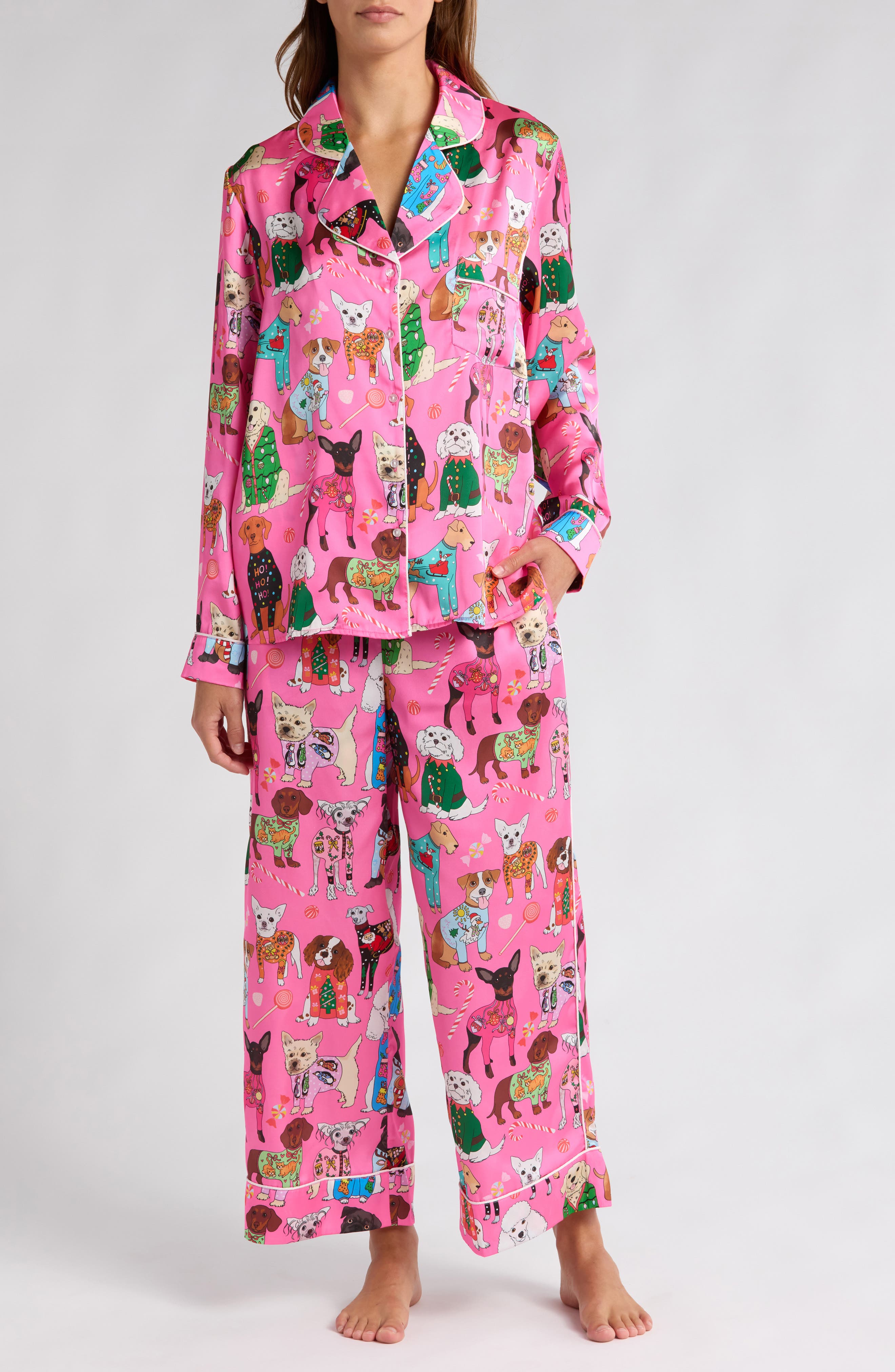 Karen Mabon Christmas Dogs Satin Pajamas in Dark Pink 