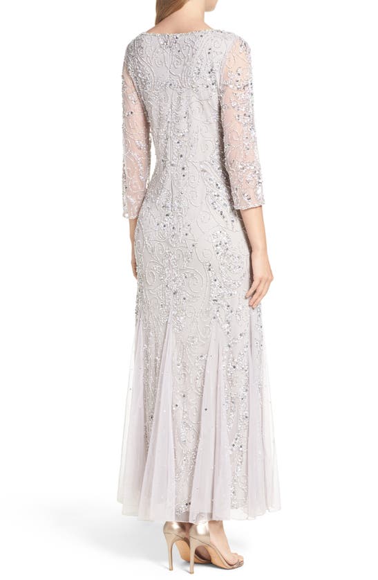 Pisarro Nights Illusion Sleeve Beaded A-line Gown In Silver
