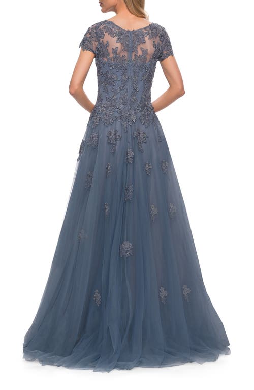 Shop La Femme Tulle A Line Gown With Lace Applique And V Neck In Slate