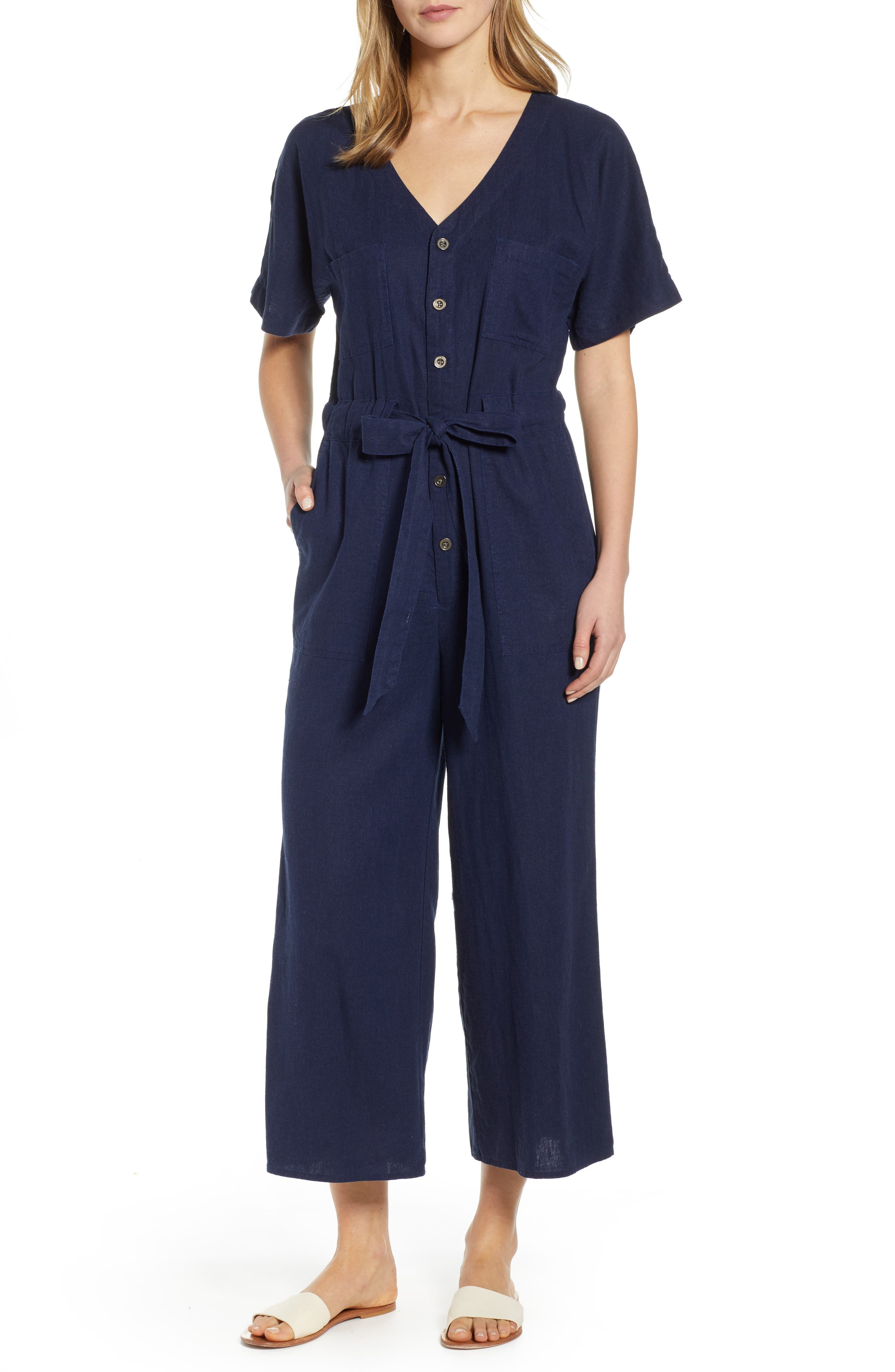 Petite Caslon Linen Blend Jumpsuit, Blue