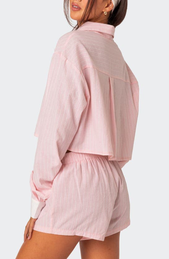 Shop Edikted Lea Pinstripe Cropped Button-up Shirt In Light-pink