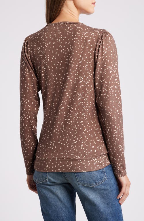 Loveappella Dot Print Faux Tie Wrap Top In Taupe/ Nat