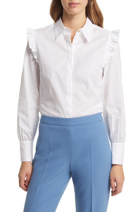 groentje Geplooid olie Hugo Boss Regular-fit Blouse In Striped Cotton With Frill Trim In White |  ModeSens