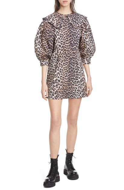 GANNI LEOPARD PRINT POPLIN MINIDRESS,F4589
