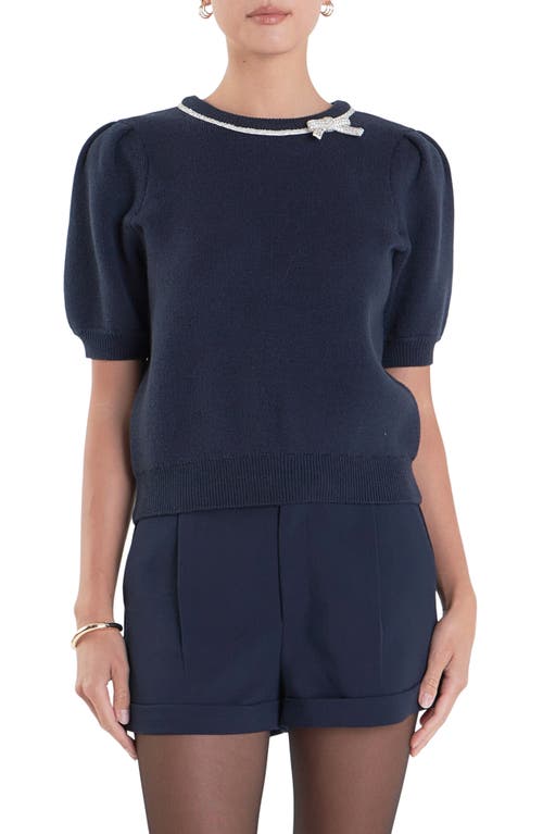 English Factory Crystal Embellished Bow Detail Puff Sleeve Sweater In Navy