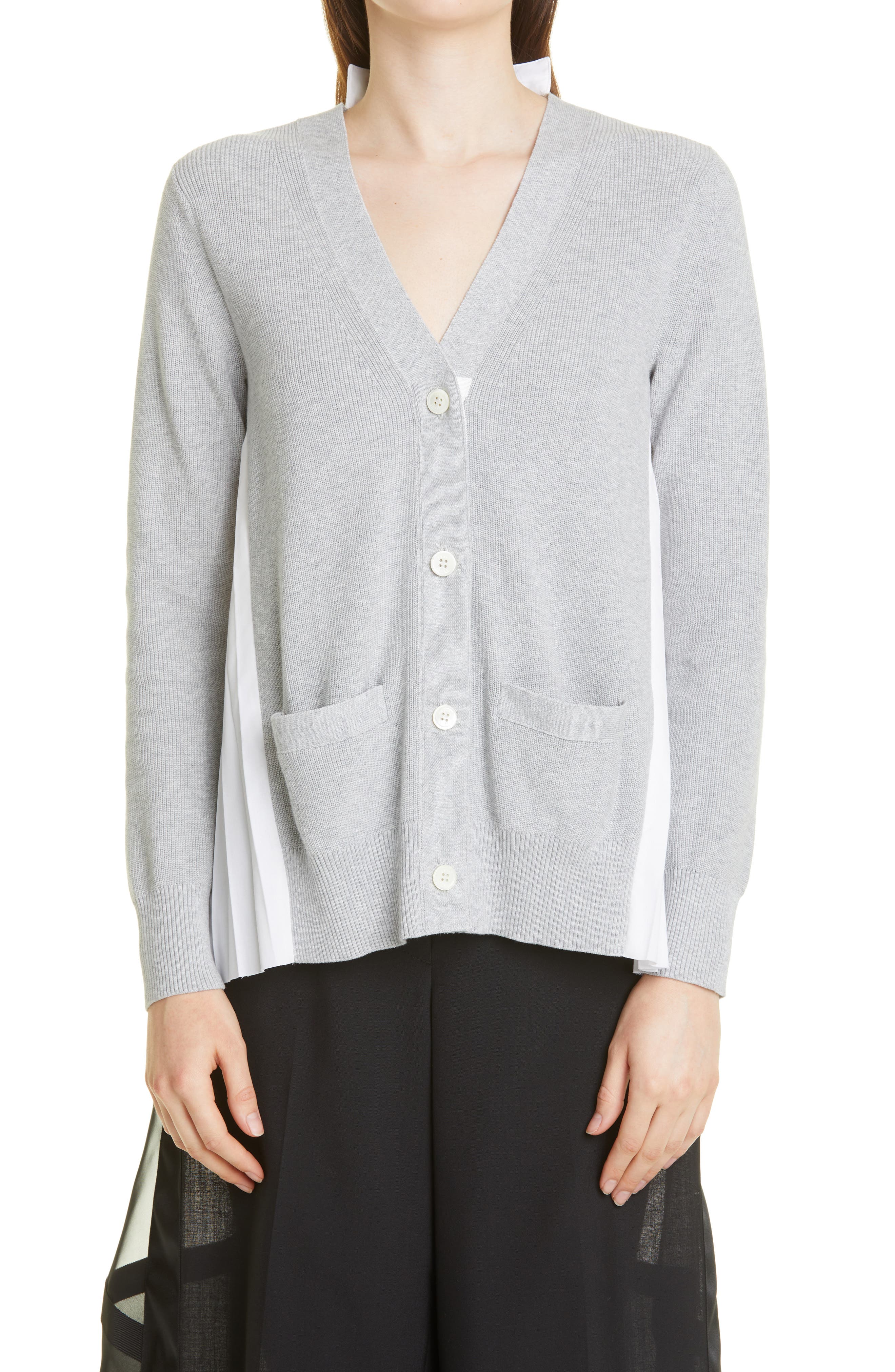 Sacai Pleated Back Cotton Cardigan in Light Grey/White at Nordstrom, Size 1