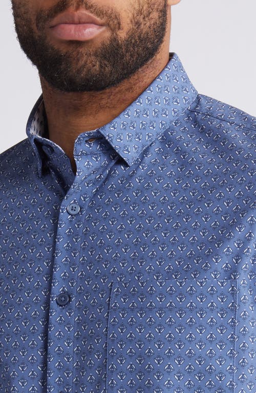 Shop Mizzen + Main Mizzen+main Leeward Trim Fit Print Short Sleeve Performance Button-up Shirt In Coastal Fjord Fern Geo