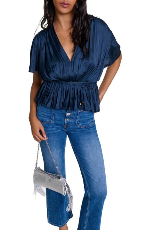 Shop Maje Pleated Short-sleeved Top In Navy