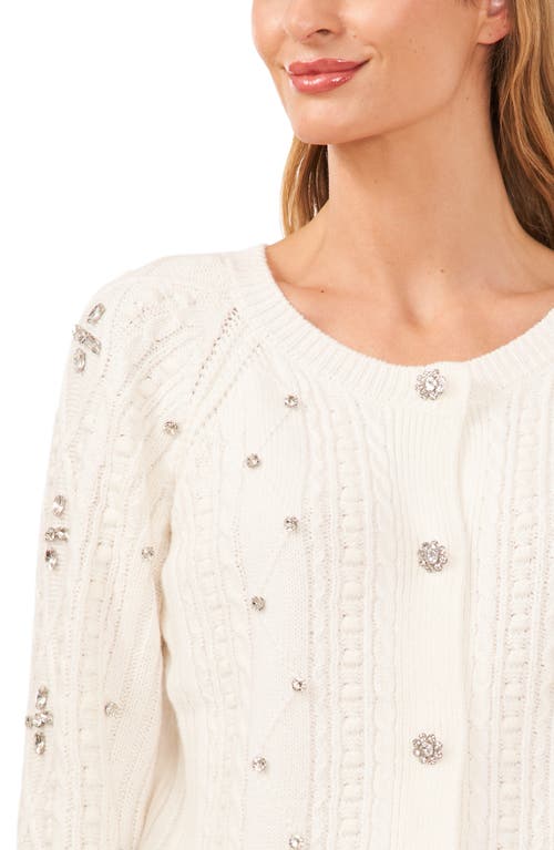 Cece Womens Embellished Cable Knit Cardigan Sweater In White
