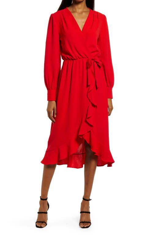 Fraiche by J Faux Wrap Ruffle Long Sleeve Dress in Red