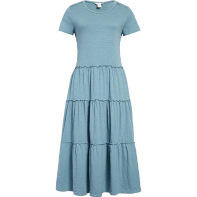 Petite Caslon Tiered Knit Short Sleeve Dress, Blue