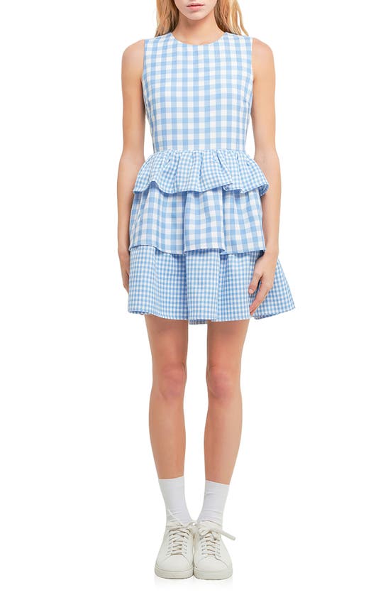English Factory Tiered Gingham Sleeveless Dress In Ocean Blue