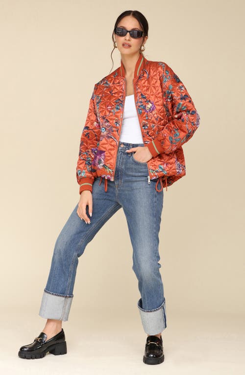 Avec Les Filles Floral Print Quilted Satin Bomber Jacket In Spice Floral