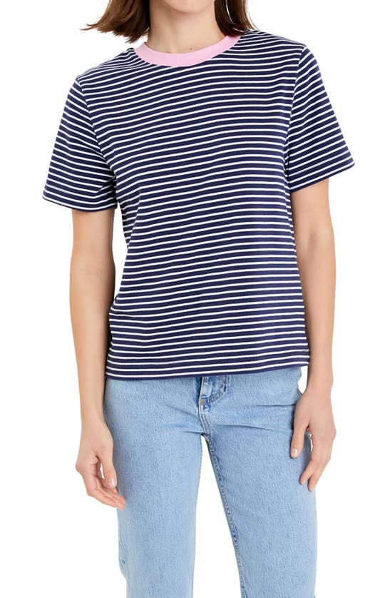 Shop English Factory Stripe Cotton Ringer T-shirt In Navy/ Pink