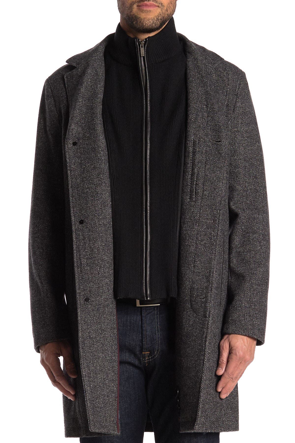 cole haan wool blend leather trim rib knit inset coat