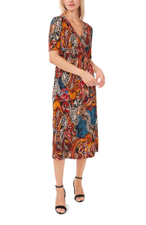 Chaus V-Neck Faux Wrap Midi Dress Black/Multi at Nordstrom,