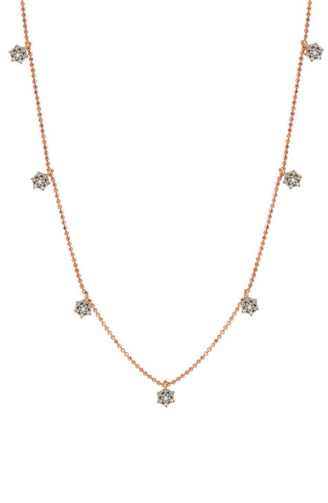 14K Rose Gold Plated Sterling Silver CZ Flower Station Chain Necklace