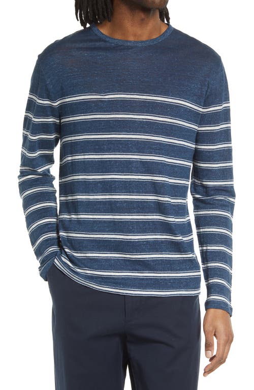 Vince Stripe Crewneck Linen Sweater In Brisk Blue/optic White
