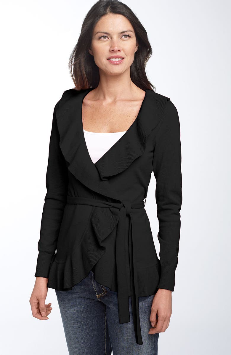CASLON<SUP>®</SUP> Ruffle Wrap Cardigan, Main, color, BLACK