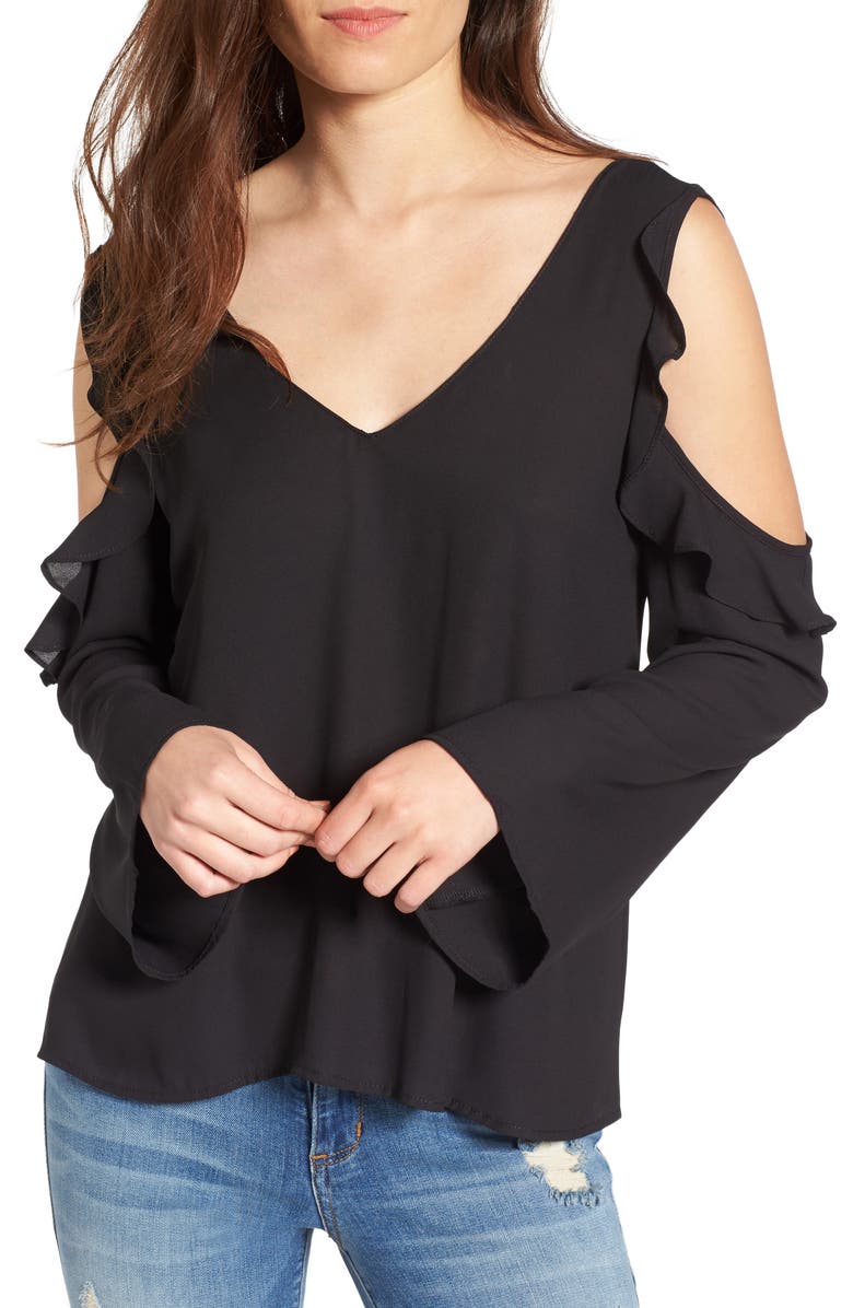 ALL IN FAVOR Cold Shoulder Ruffle Top, Main, color, BLACK