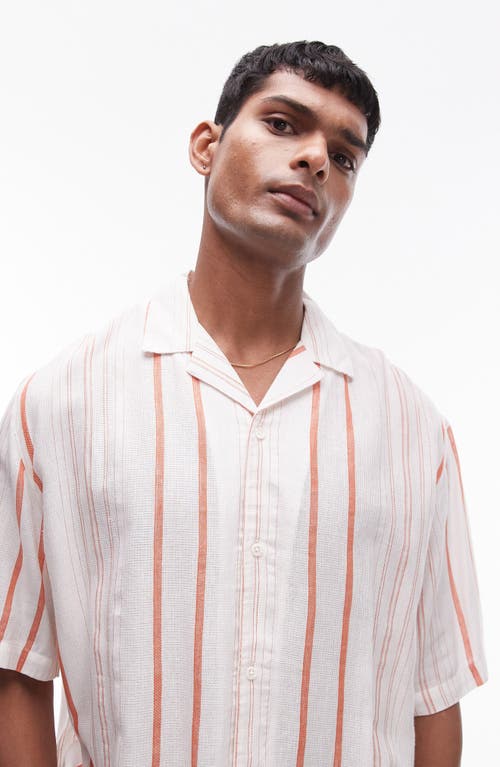 Shop Topman Textured Stripe Short Sleeve Button-up Camp Shirt In White/red