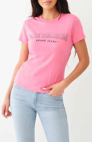 True Religion Brand Jeans Rhinestone Accent Cotton Graphic T-shirt In Hot Pink